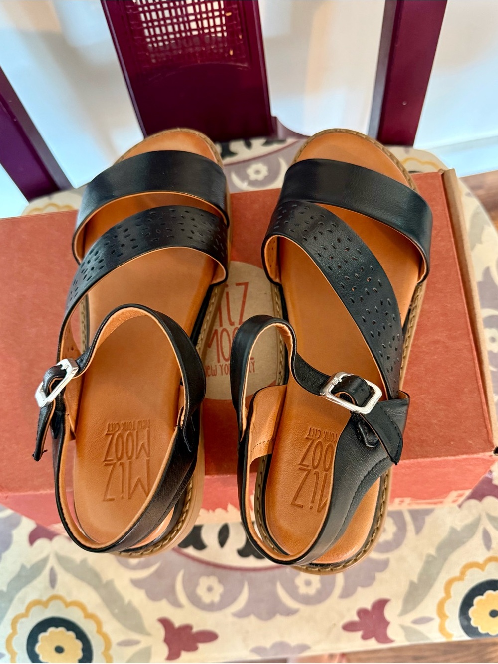 Miz Mooz Black and Tan Leather Crossover Buckle Sandals